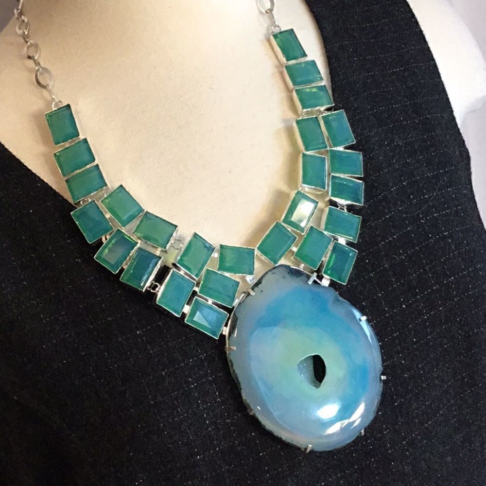 HUGE AQUA CONDOR AGATE  & KUNZITE NECKLACE
